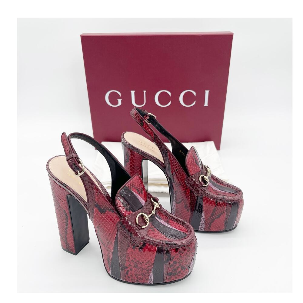 Gucci Genuine Python Runway 2024 Platform Horsebit Slingback Pumps Heels IT 38